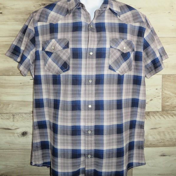 Urban Pipeline* Men's Short Sleeve Snap Button Down Curved Hem Plaid Shirt~Large - Picture 3 of 12